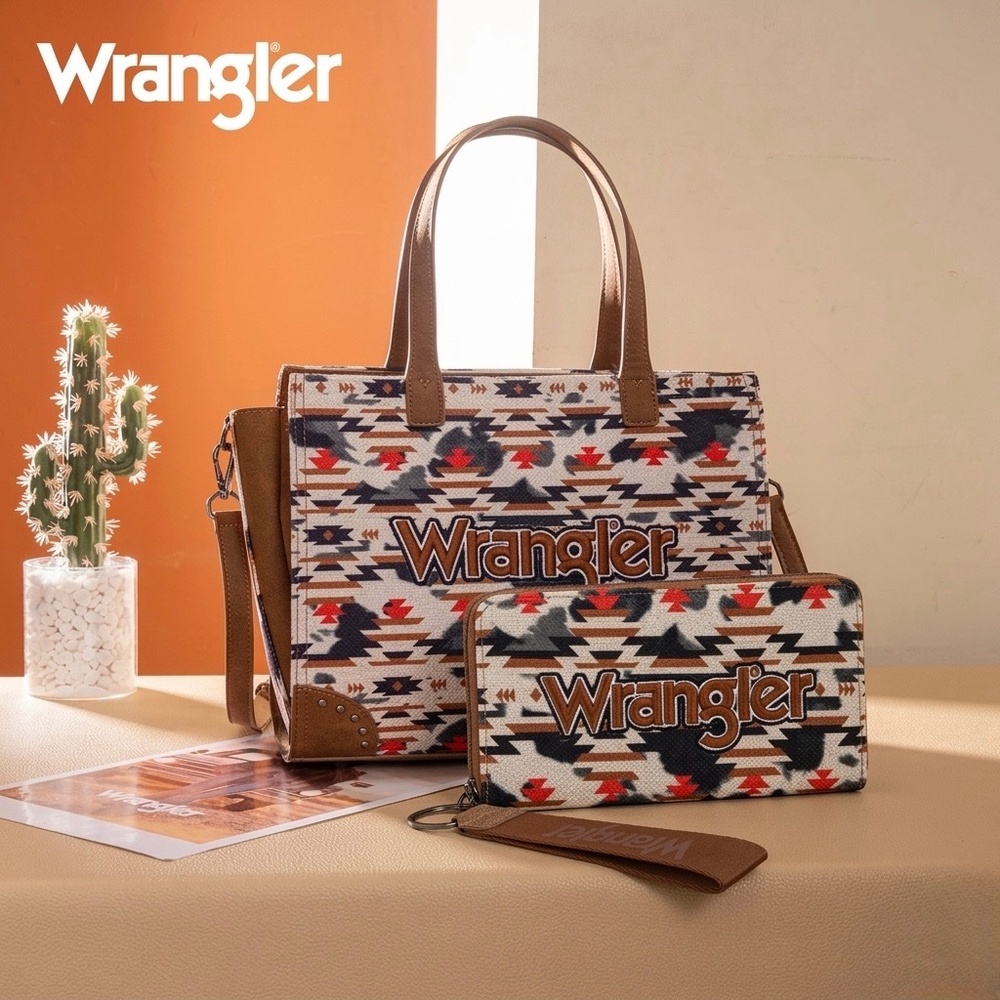 Wrangler Aztec Print Tote/Crossbody + Wallet Brown